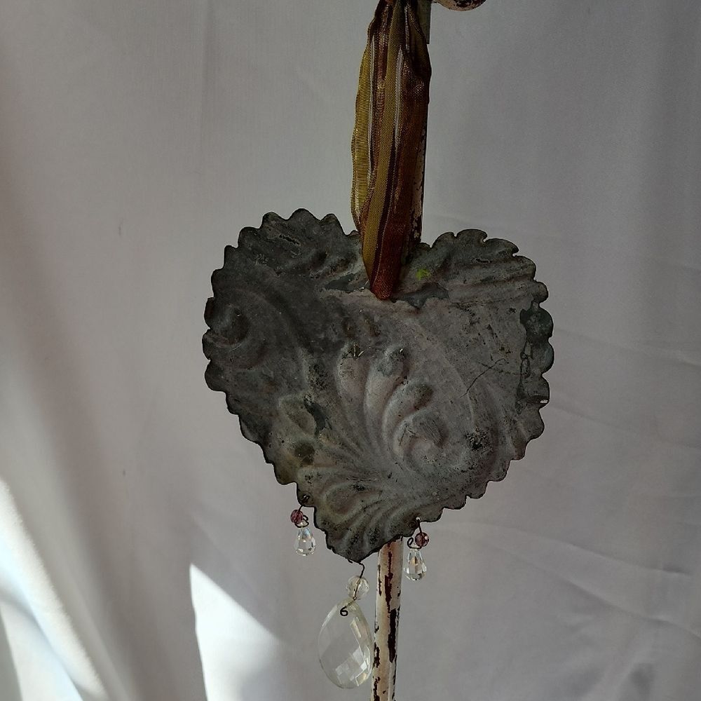 Rustic Embossed Meyal Heart With Wired Ribbon Hanging Crystals